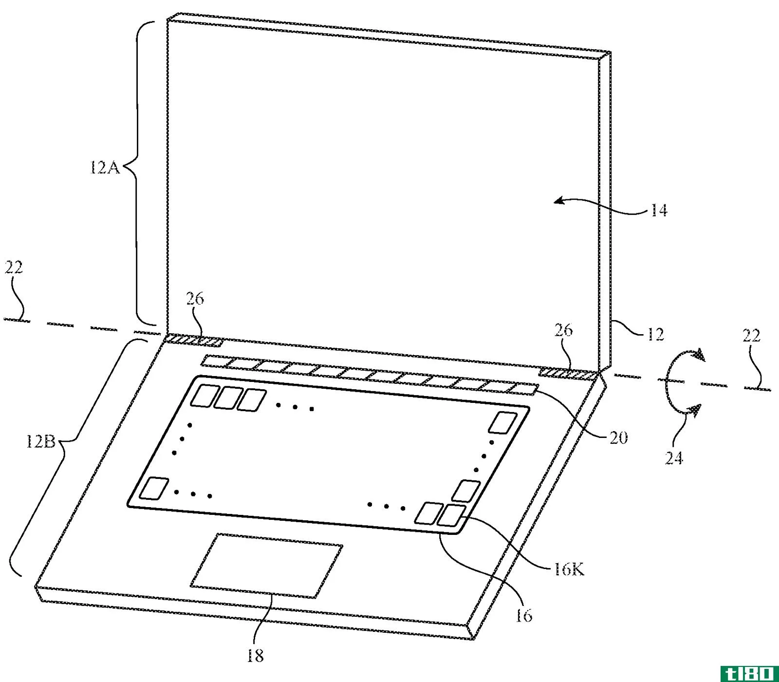An illustration accompanying Apple's patent for Electronic devices having keys with coherent fiber bundles that shows a reconfigurable notebook keyboard