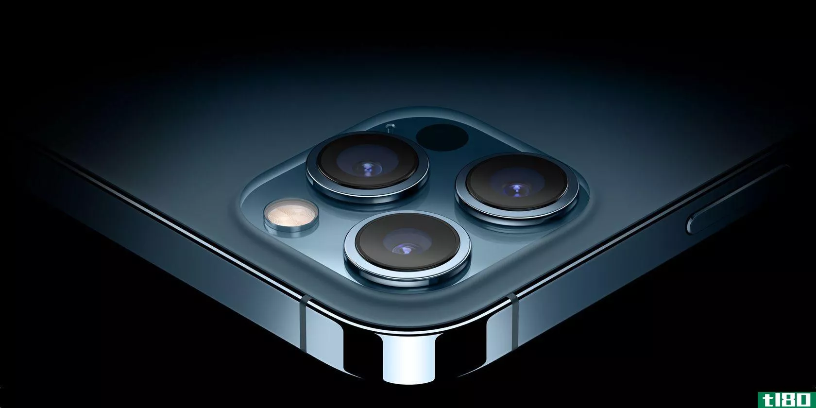 A closeup showing the three rear camera on the Pacific Blue version of the iPhone 12 Pro Max