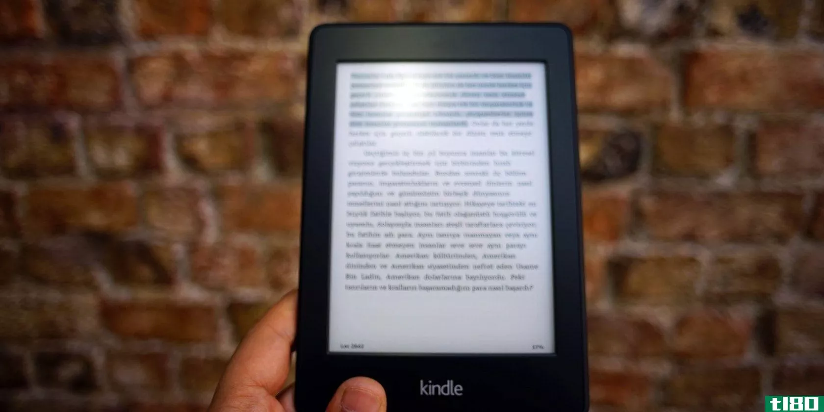 A hand holding a Kindle in the foreground with a brick wall in the background
