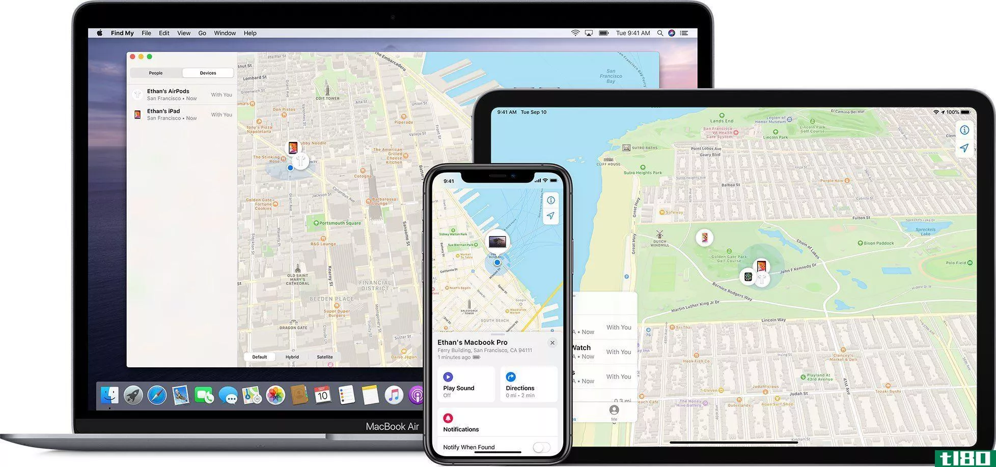 An image showing Apple's Find My app running on an iPhone, iPad and Mac