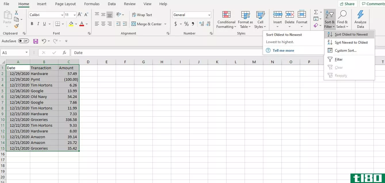 Screenshot Excel Sort Ascending by Date