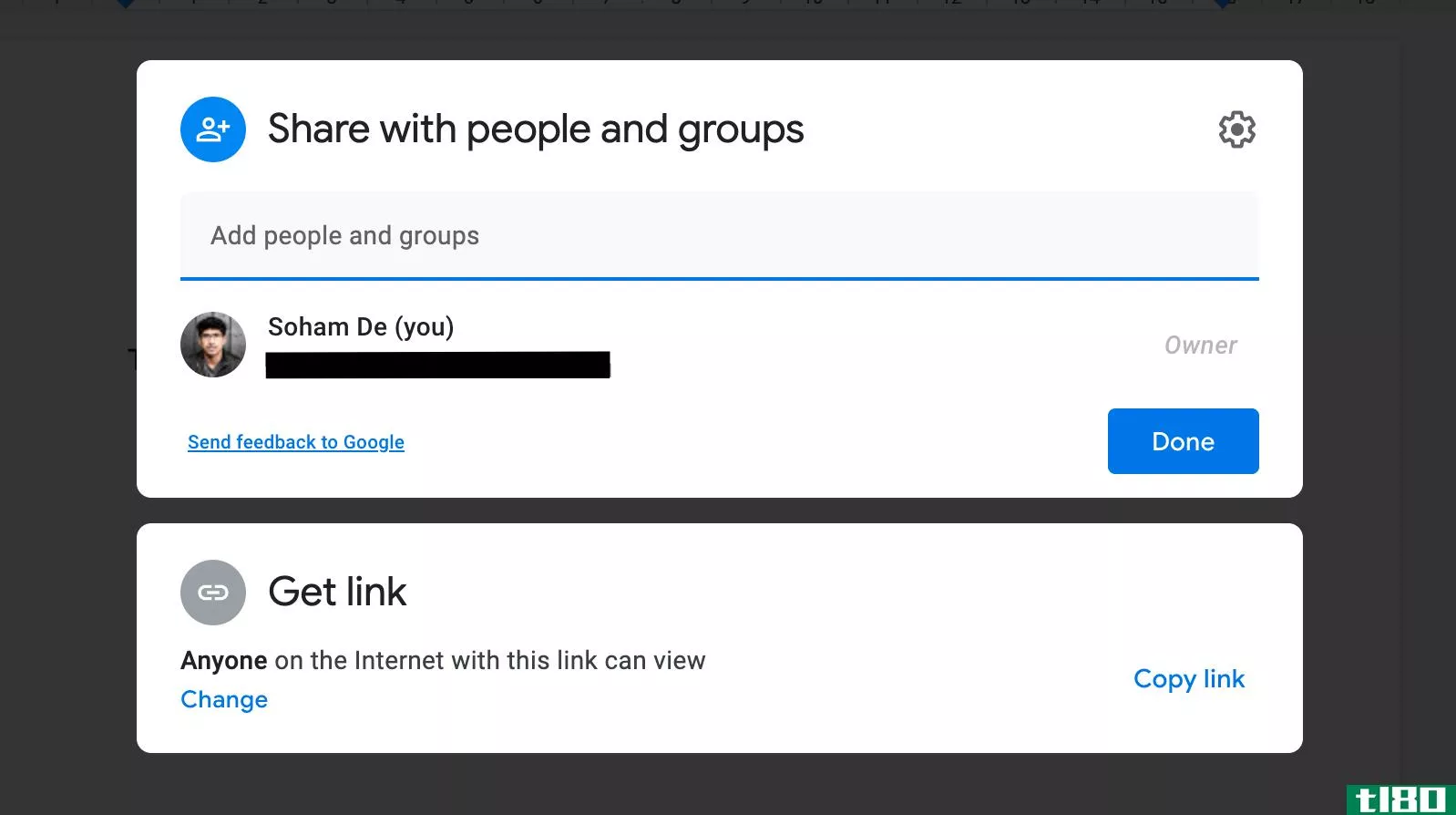 Google Docs screen to get a shareable link
