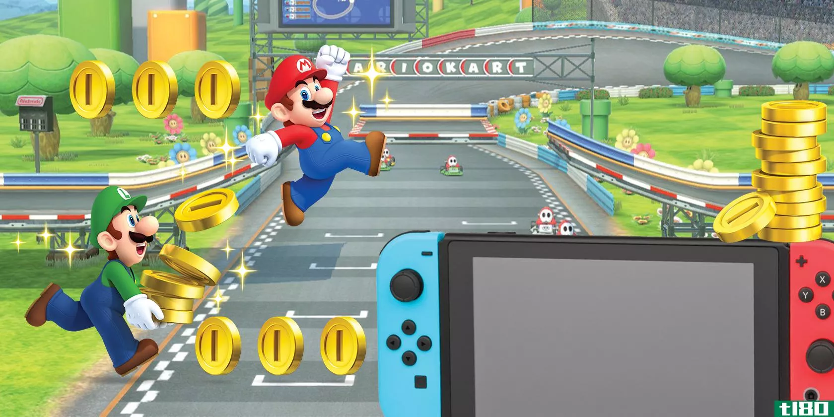 mario and luigi stacking coins on top of a nintendo switch c***ole with a mario kart background