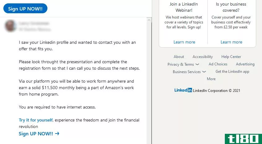 LinkedIn Message With Job Offer and Links