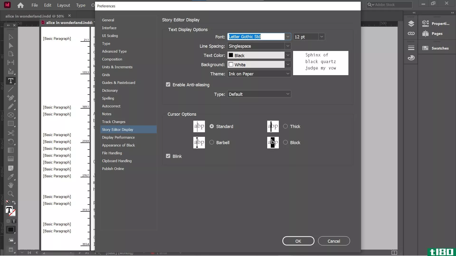 indesign story editor preferences