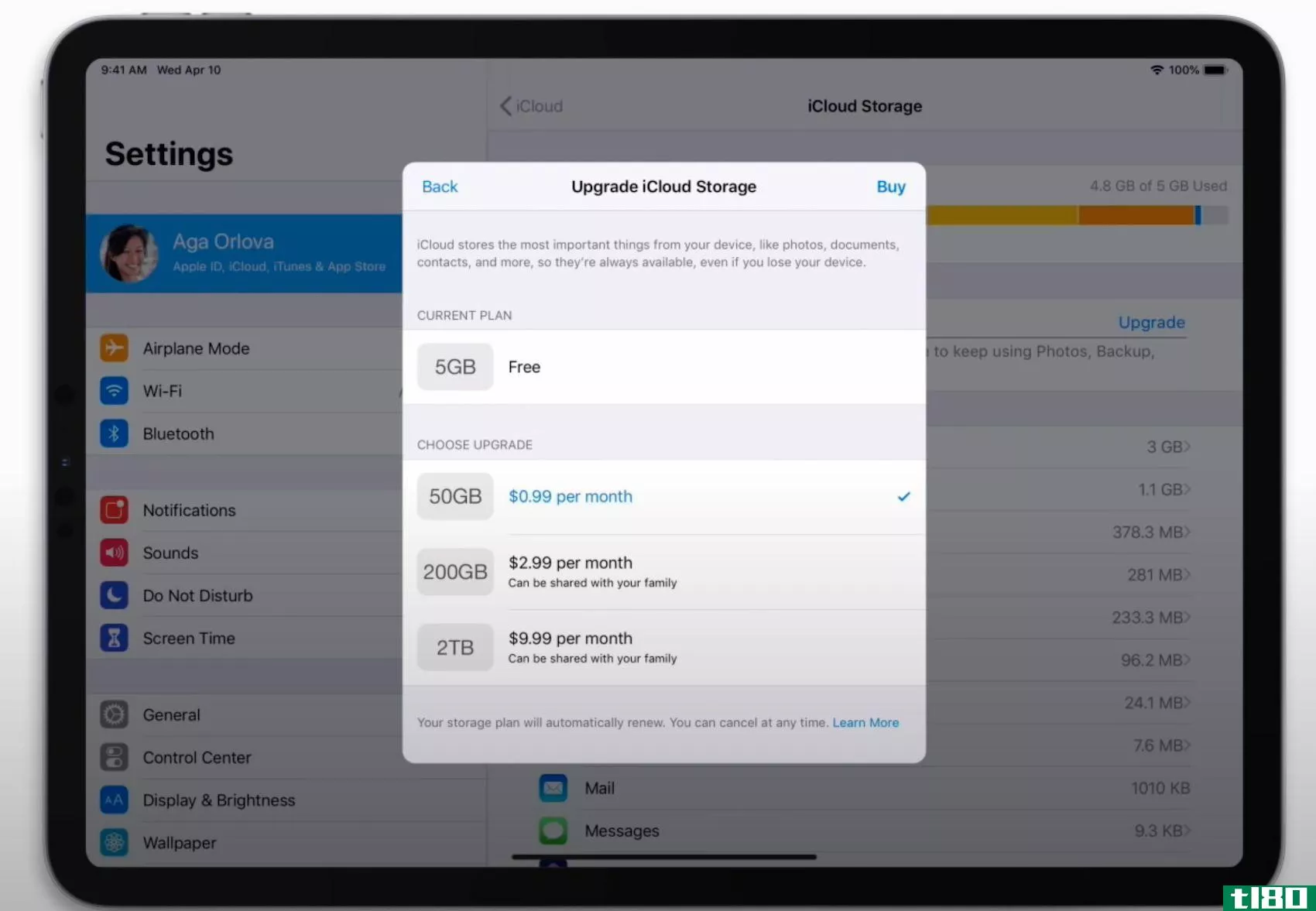 Upgrade iCloud Storage on iPad