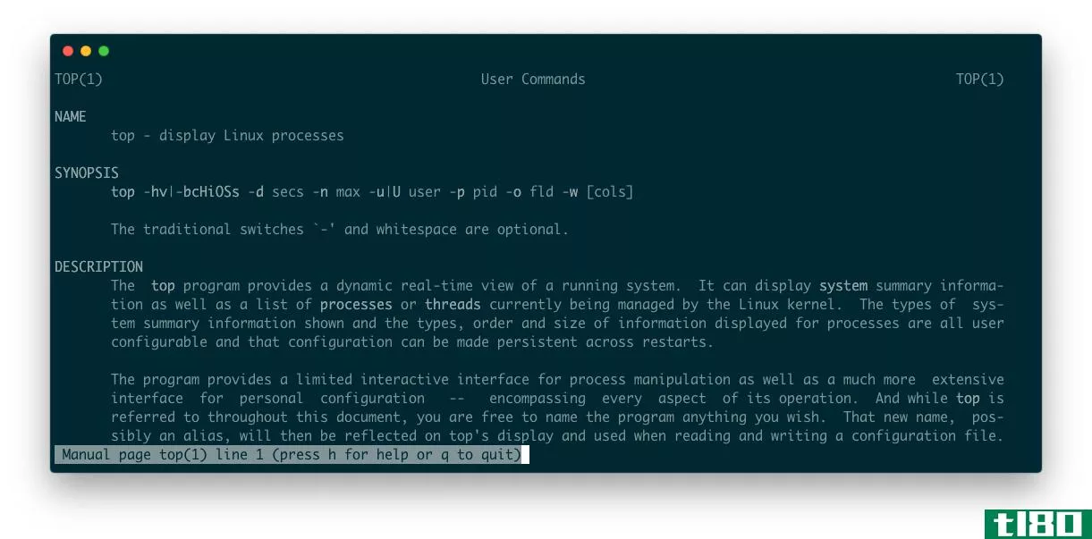 A screenshot of a terminal showing the manpage for the Linux top command
