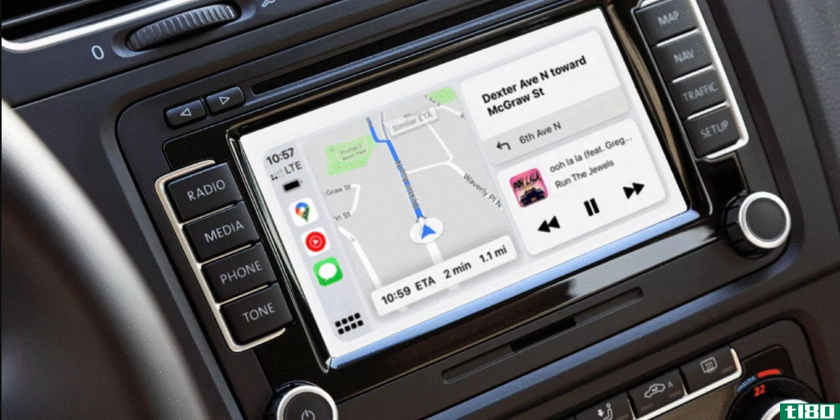 A photograph showing Google Maps navigation on a CarPlay dashboard