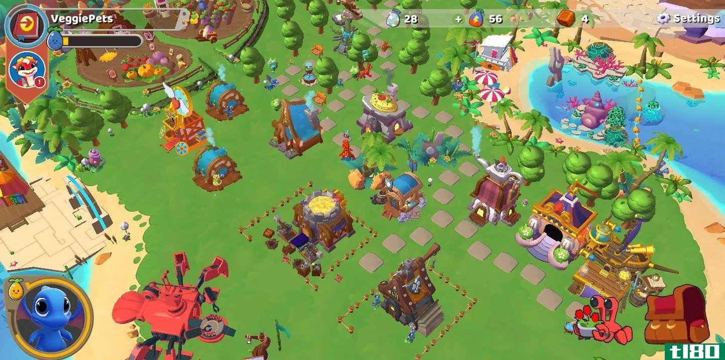 A view of a village in progress in Neopets: Island Builders, showing tiny neopets running around