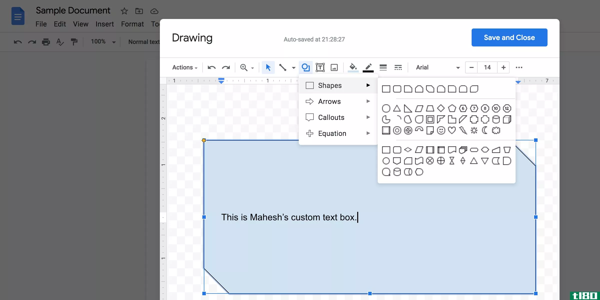 Add text box using custom shapes in Google Docs