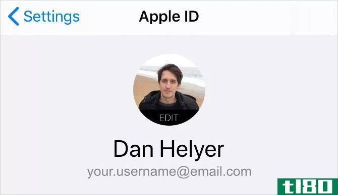 iPhone Apple ID settings showing username email address