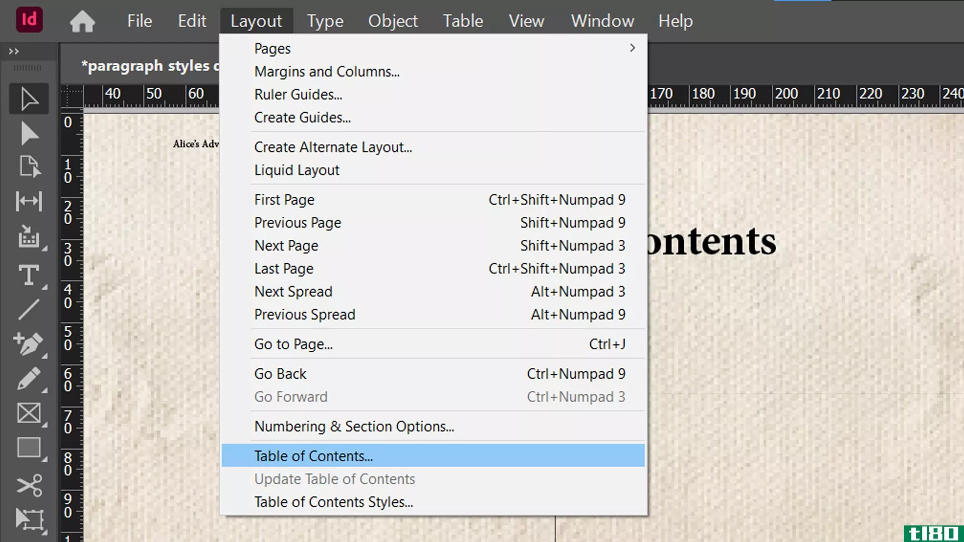 indesign contents page - add table of contents