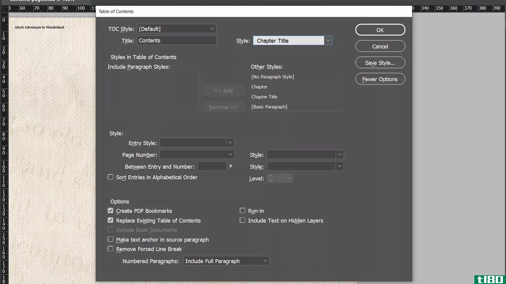 InDesign table of contents panel