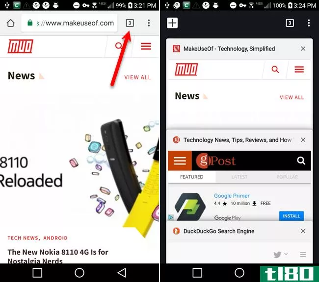 Switch Tabs using the Tabs button in Chrome on Android