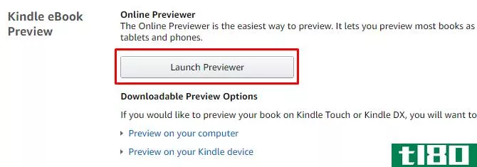 Launch Previewer button for previewing a Kindle book