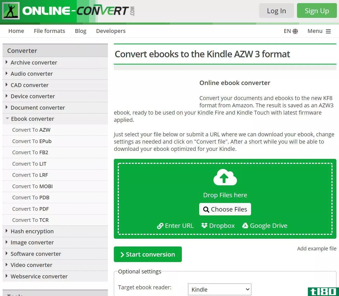 Online-Convert ebook converter menu