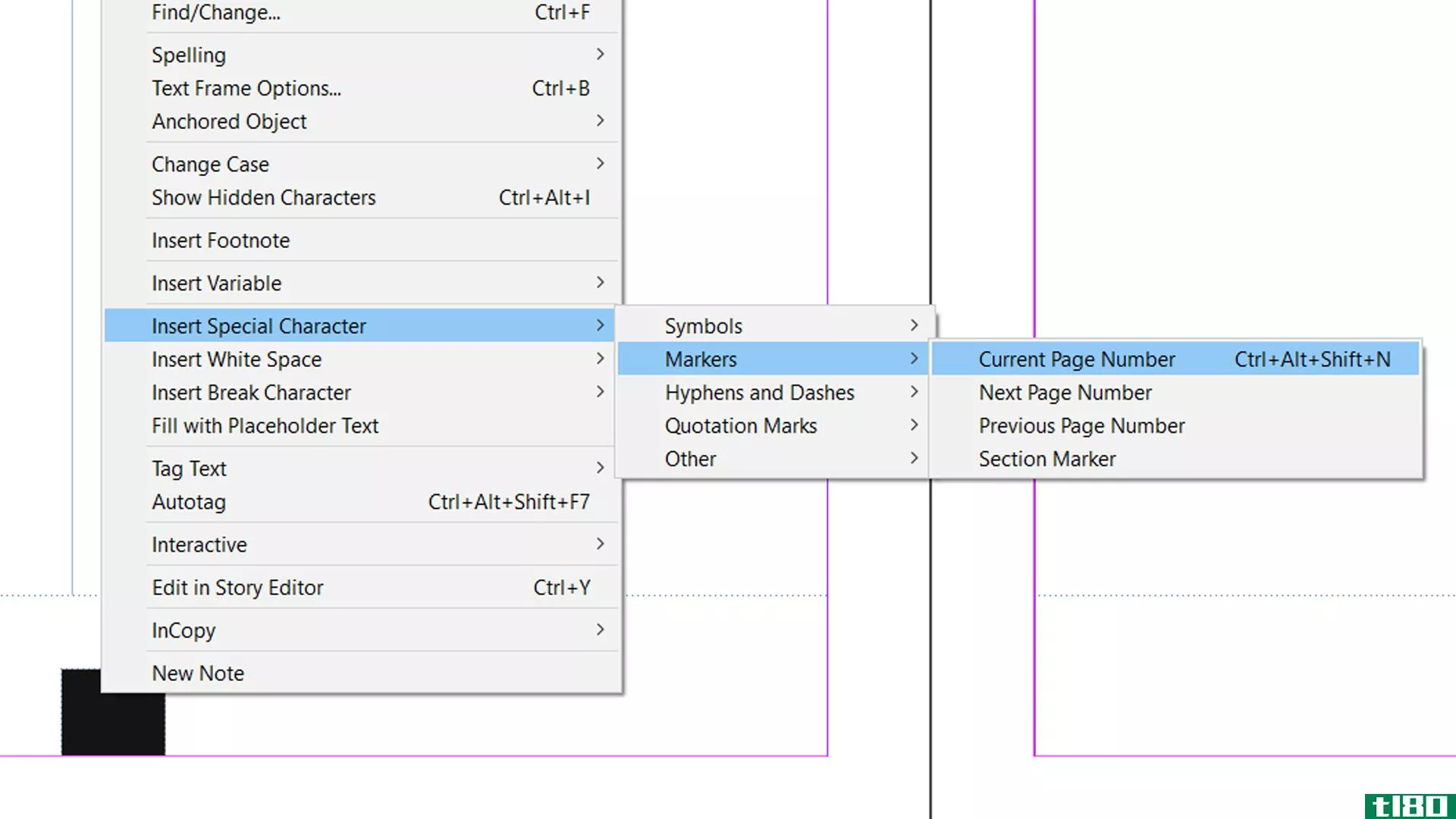 InDesign insert page number using context menu