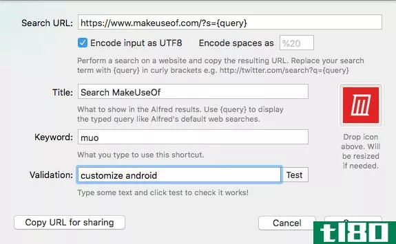 setting up Alfred custom search for makeuseof