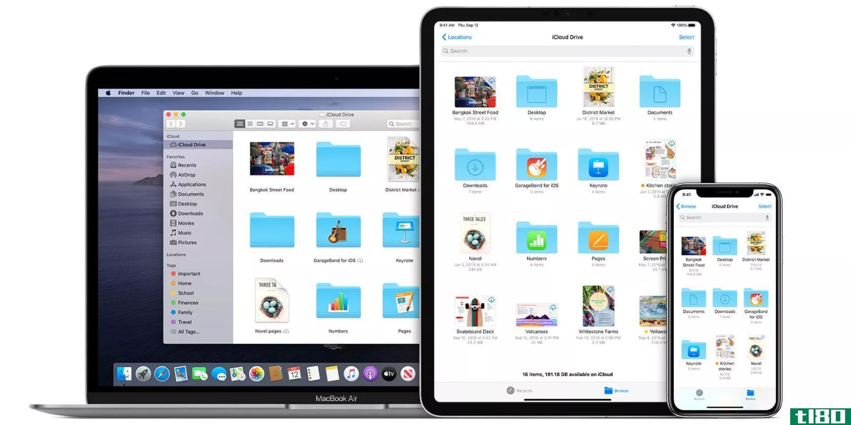 MacBook, iPad, and iPhone showing iCloud Drive documents