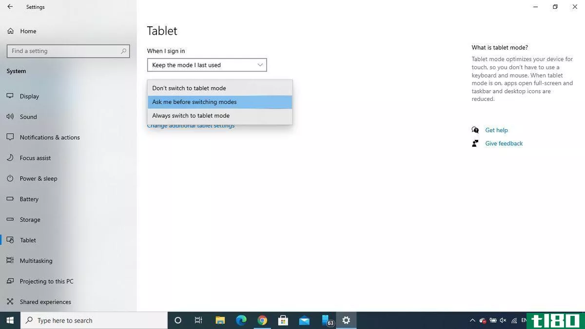 windows 10 tablet mode off