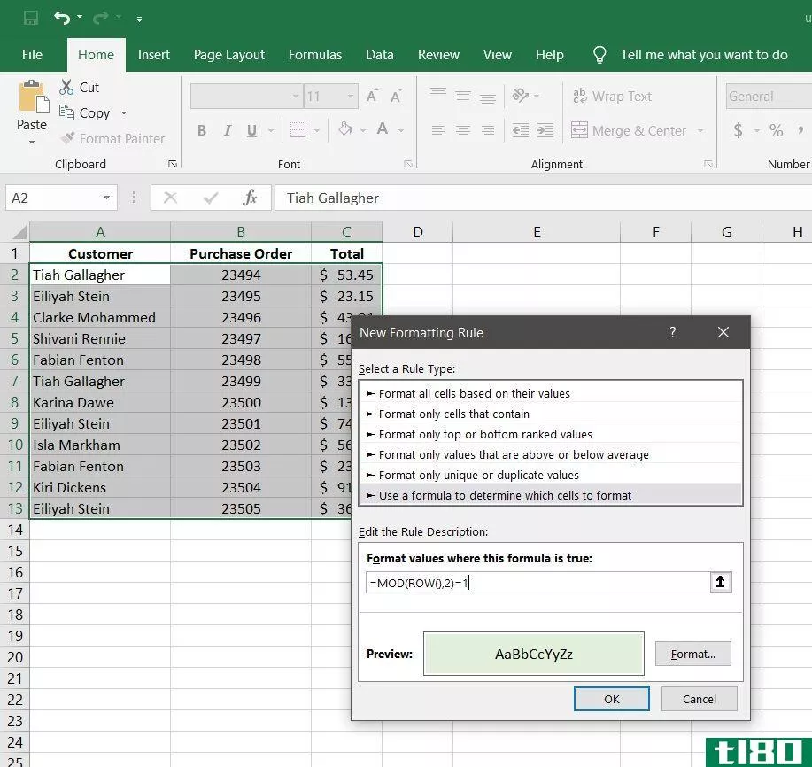 Change the color of rows with formatting rules in Excel