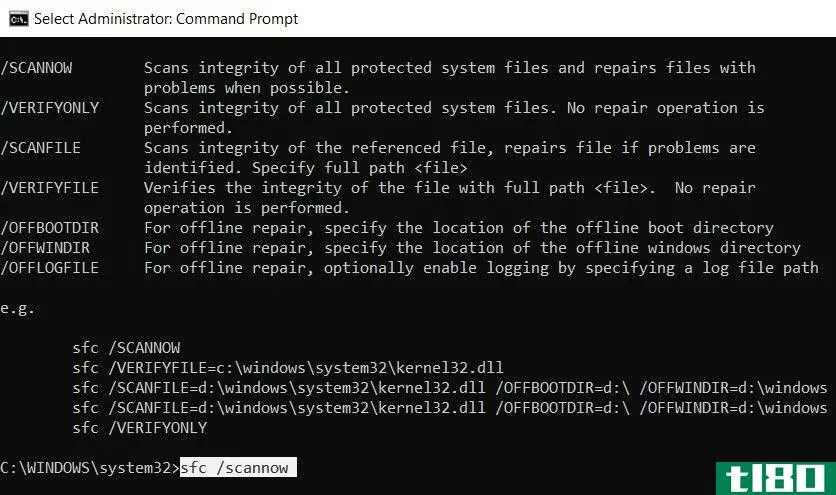 Command Prompt window with the sfc command