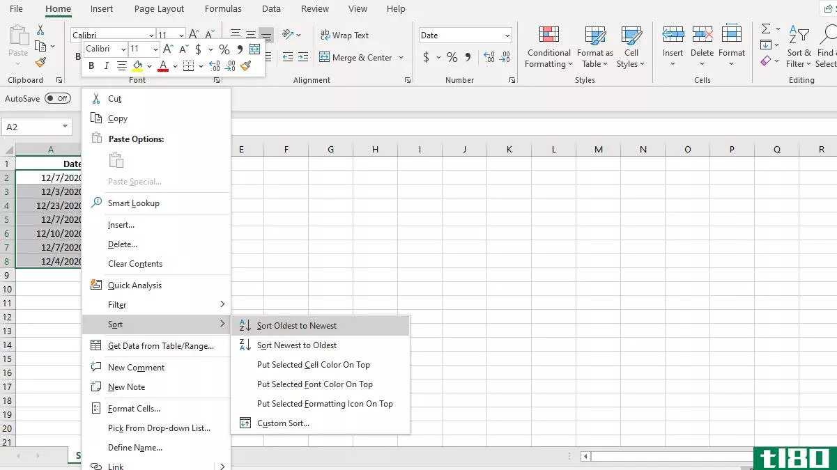 Screenshot Excel Sort Column by Date Right Click
