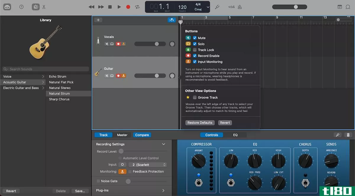 Recording two audio inputs at once using an audio interface (Scarlett 2i2) on GarageBand