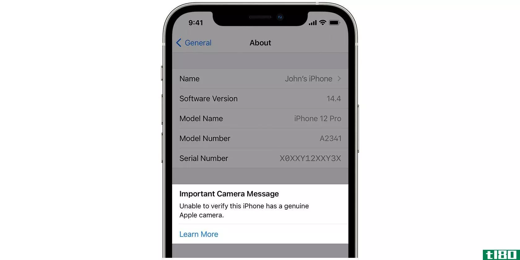 A screenshot showing a warning in the Settings app on iOS 14 about a non-Apple camera detected in the iPhone