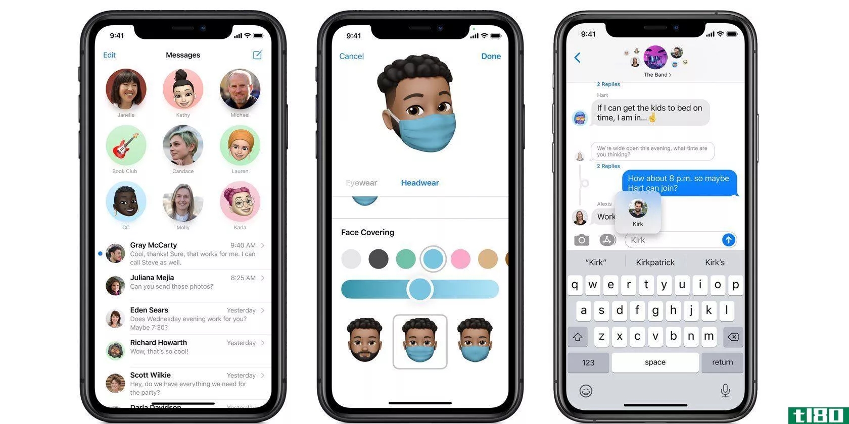 iPhone screenshots of Apple's Messages app, from left to right: pinned chats, face mask for your Memoji and menti*** in group chats