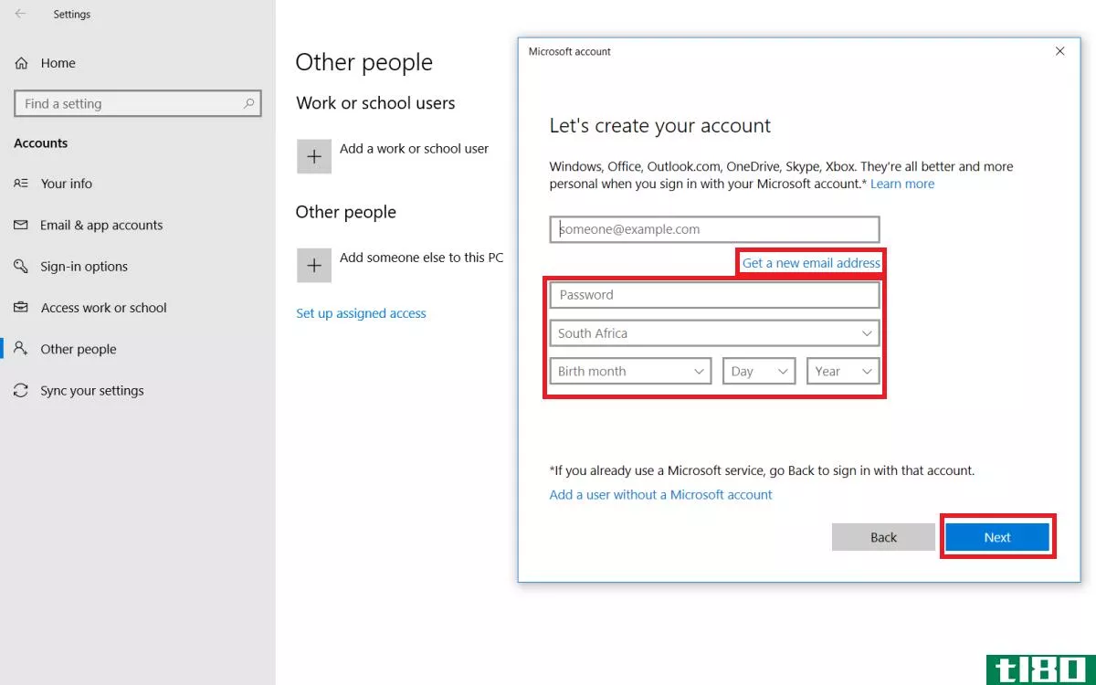 Create Windows 10 user account with new email address