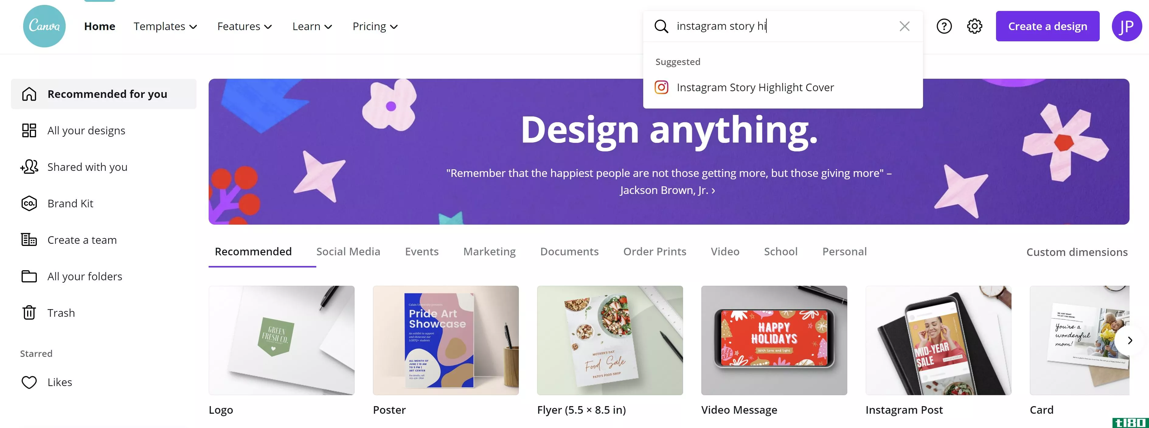 Canva homepage search