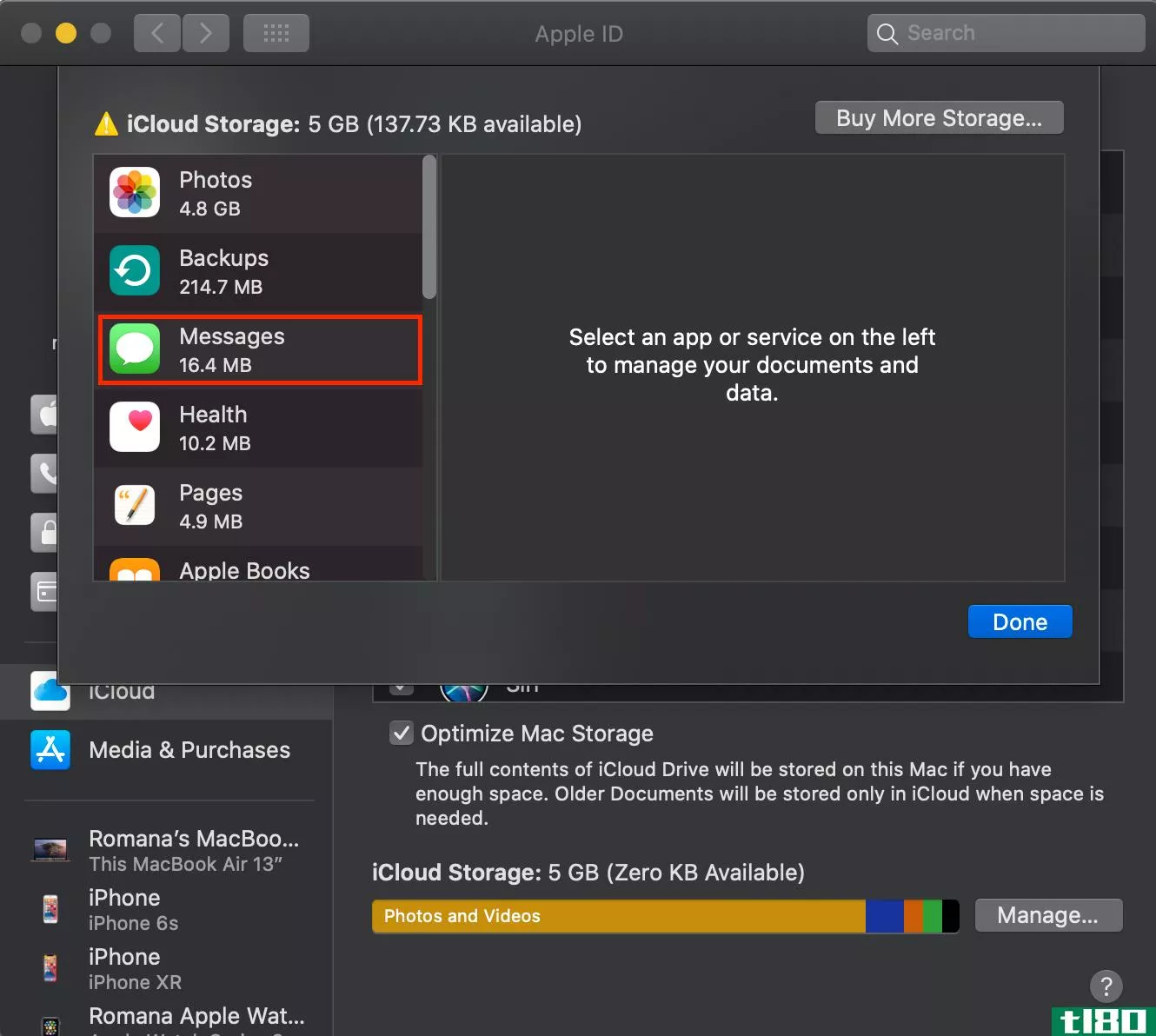 how much space is the messages app using on Mac 