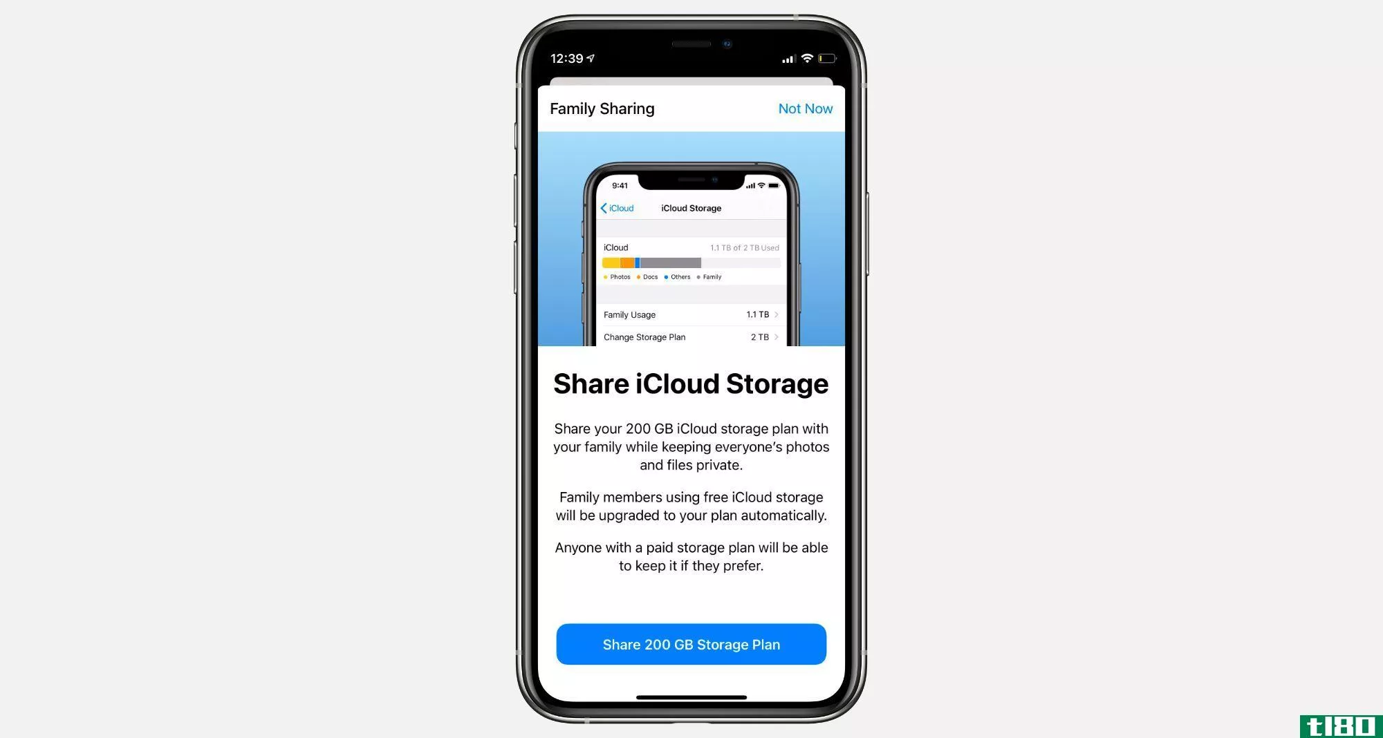 Share iCloud Storage page from Family Sharing settings on iPhone