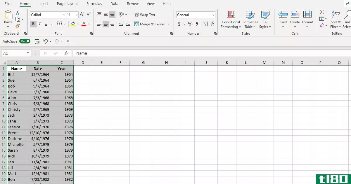 Screenshot Excel YEAR Function