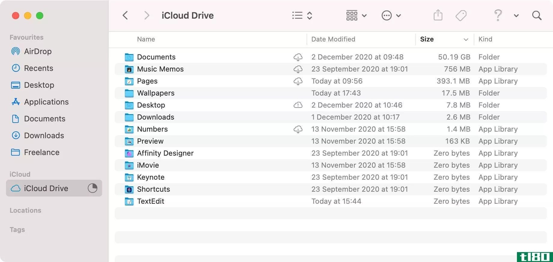 iCloud Drive in Finder showing folder sizes
