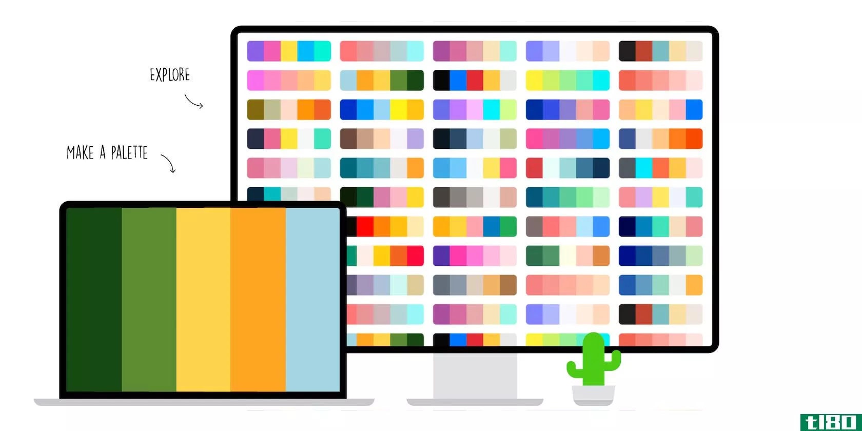 An illustration of color palettes on a laptop and desktop monitor