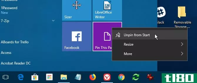 Unpin page from Start menu