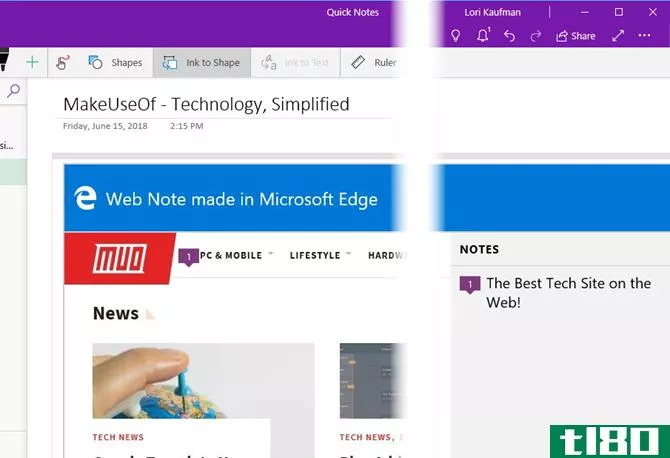 Web note from Edge in OneNote