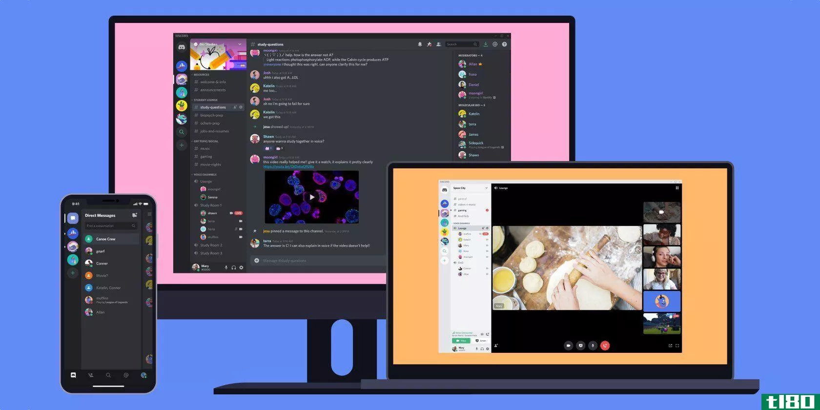 An illustration showing the Discord app on desktop, tablet and **artphone devices