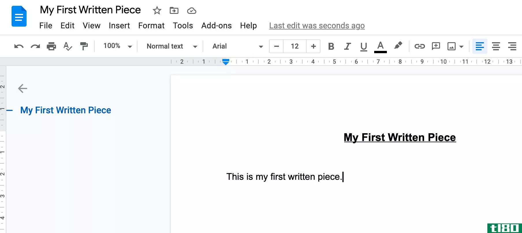 Google Docs new document with the title "My First Written Piece"