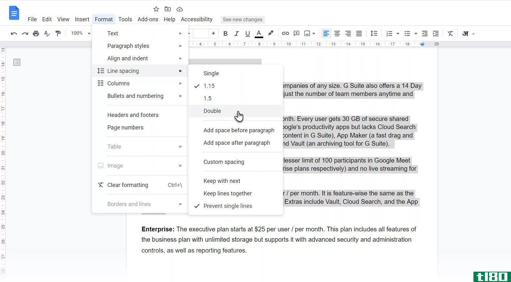 Choosing the double line spacing option from the menubar in Google Docs