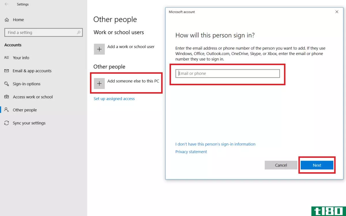 Create Windows 10 account by entering an email address