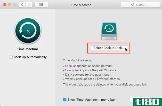 Click Select Backup Disk in Time Machine