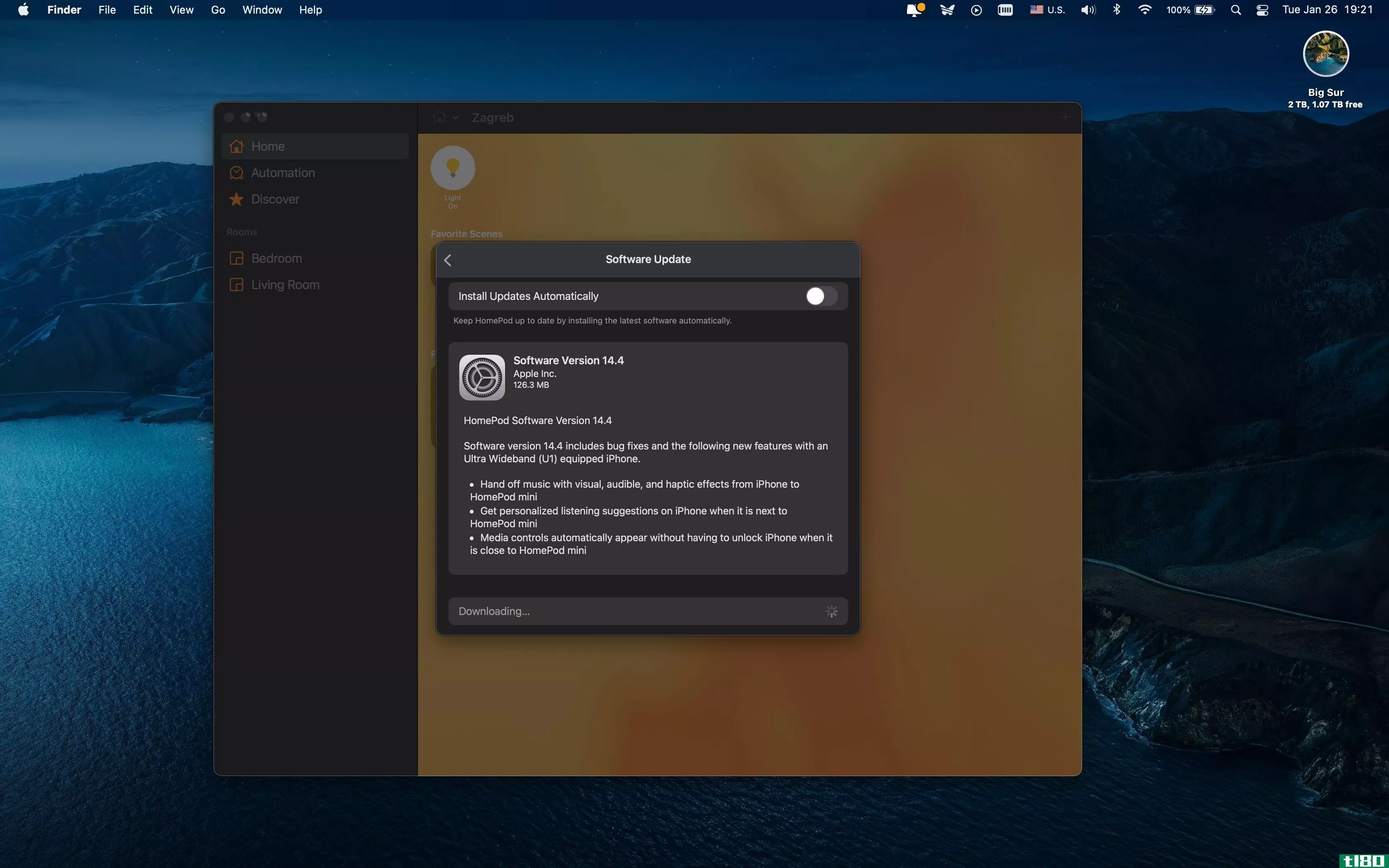 A Mac screenshot showing the Home app with the HomePod software 14.4 update prompt displayed