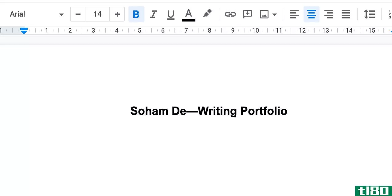 Google Docs new document with "Soham De—Writing Portfolio" as the title