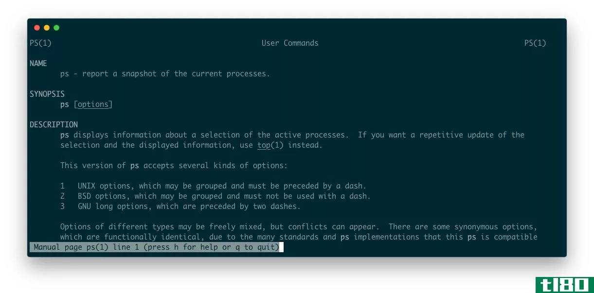 A screenshot of a terminal showing the manpage for the Linux ps command