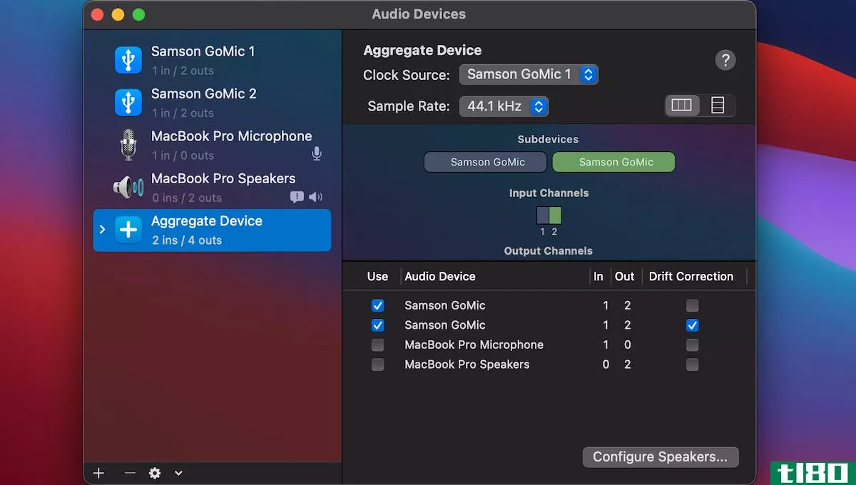 Adding two audio devices to an Aggregate Device in a Mac's Audio MIDI Setup utility.