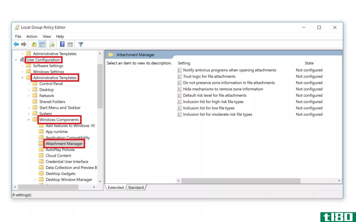 Navigating to the Attachment Manager in Group Policy Editor