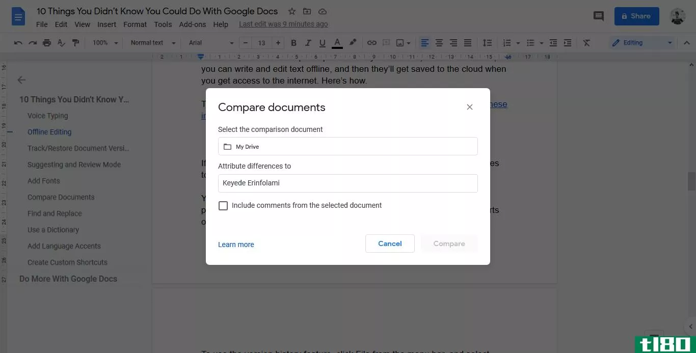 goggle docs compare documents dashboard